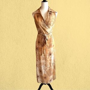 90s vintage collared wrap maxi sheer chiffon sunflower print dress